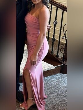 Elegant Pink Ruched Side Slit Women’s Dress